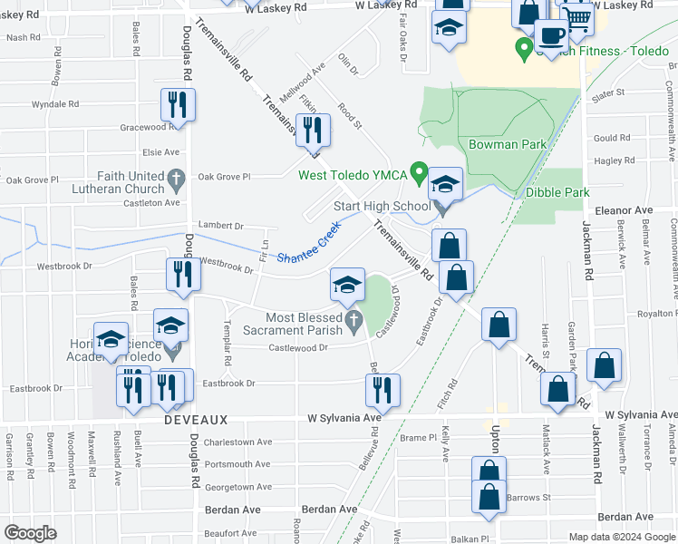 map of restaurants, bars, coffee shops, grocery stores, and more near 4328 Bellevue Road in Toledo