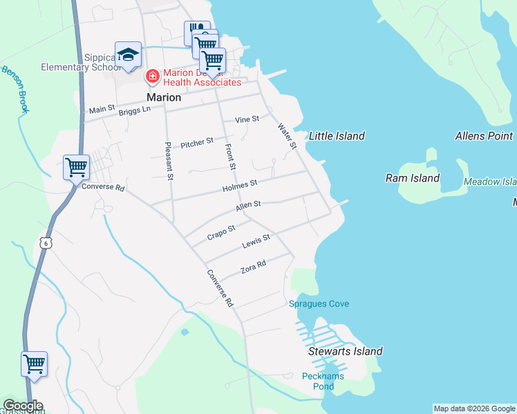 map of restaurants, bars, coffee shops, grocery stores, and more near 40 Allen Street in Marion