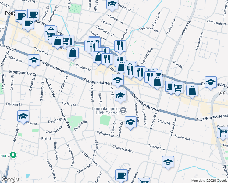 map of restaurants, bars, coffee shops, grocery stores, and more near 12 May Street in Poughkeepsie