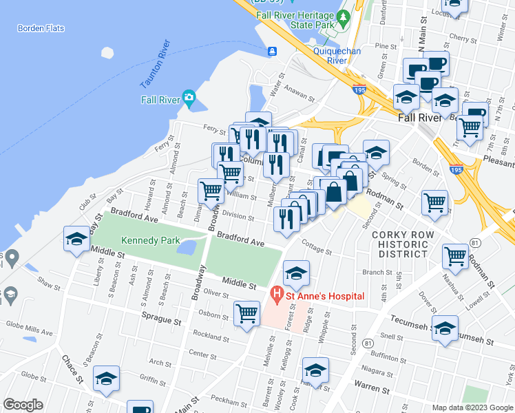 map of restaurants, bars, coffee shops, grocery stores, and more near 306 Mulberry Street in Fall River