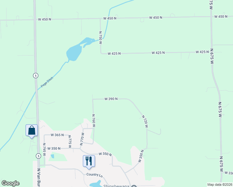 map of restaurants, bars, coffee shops, grocery stores, and more near 7300-7500 West 390 North in Shipshewana