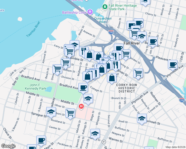 map of restaurants, bars, coffee shops, grocery stores, and more near 337 Washington Street in Fall River