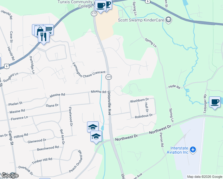 map of restaurants, bars, coffee shops, grocery stores, and more near 257 Unionville Avenue in Plainville