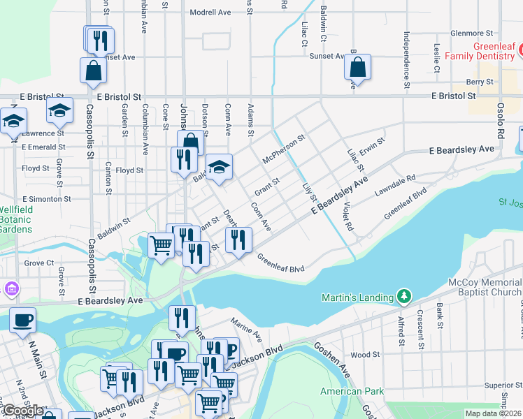 map of restaurants, bars, coffee shops, grocery stores, and more near 1000-1098 Erwin Street in Elkhart