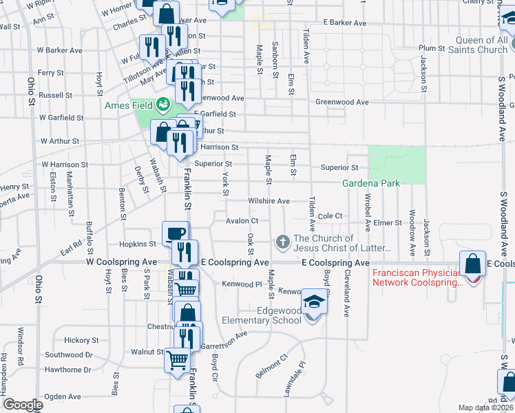 map of restaurants, bars, coffee shops, grocery stores, and more near 2409 Oak Street in Michigan City
