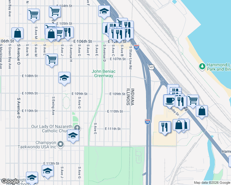 map of restaurants, bars, coffee shops, grocery stores, and more near 10905 South Avenue C in Chicago