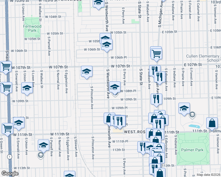 map of restaurants, bars, coffee shops, grocery stores, and more near 111 West 108th Place in Chicago