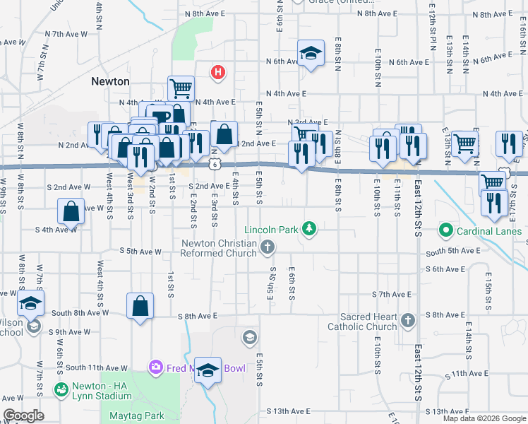 map of restaurants, bars, coffee shops, grocery stores, and more near 316 East 5th Street South in Newton