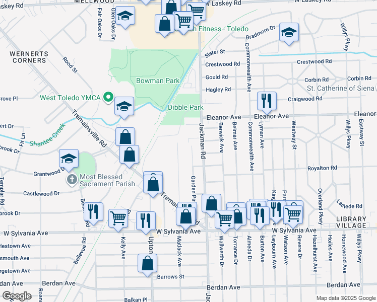 map of restaurants, bars, coffee shops, grocery stores, and more near 4320 Garden Park Drive in Toledo
