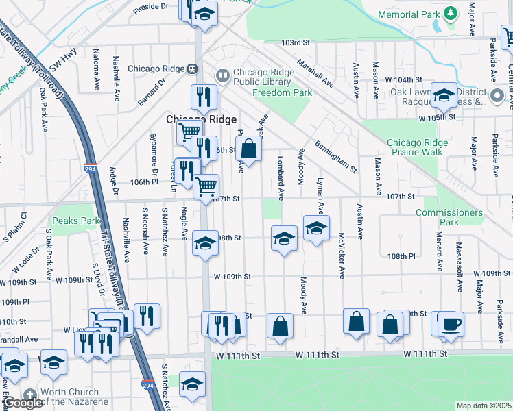 map of restaurants, bars, coffee shops, grocery stores, and more near 10716 Oak Avenue in Chicago Ridge