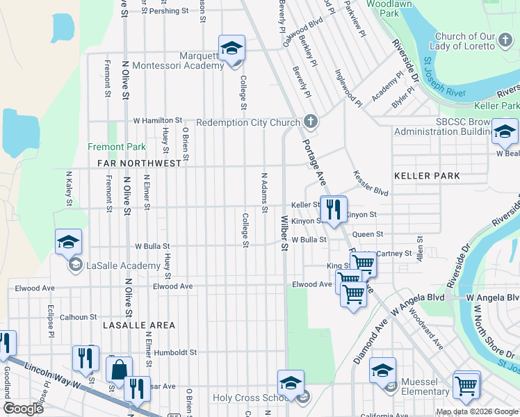 map of restaurants, bars, coffee shops, grocery stores, and more near 1641 North Adams Street in South Bend