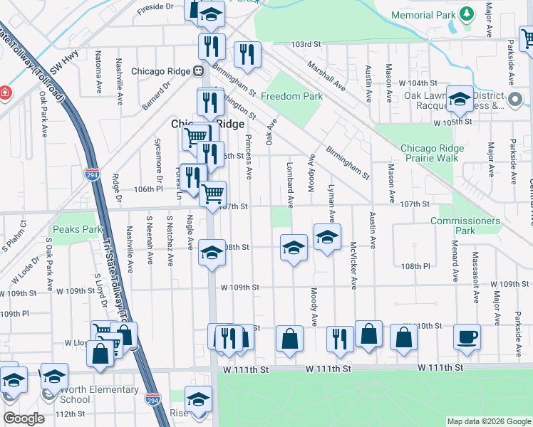 map of restaurants, bars, coffee shops, grocery stores, and more near 10716 Oak Avenue in Chicago Ridge