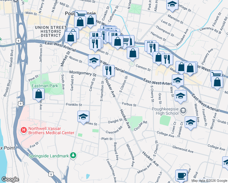 map of restaurants, bars, coffee shops, grocery stores, and more near 32 Hooker Avenue in Poughkeepsie