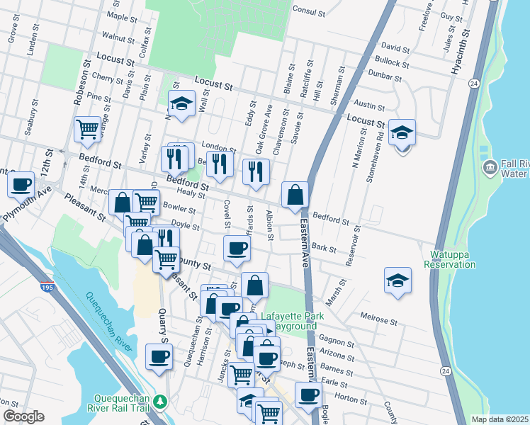 map of restaurants, bars, coffee shops, grocery stores, and more near 60 Albion Street in Fall River