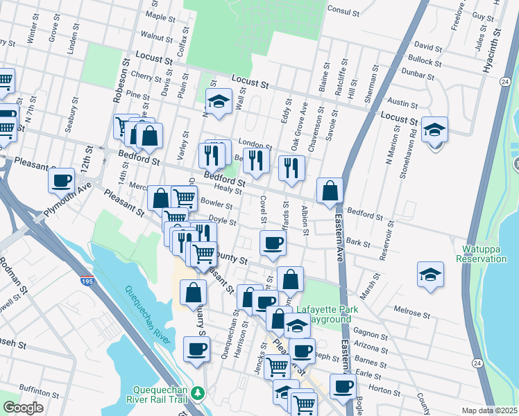 map of restaurants, bars, coffee shops, grocery stores, and more near 87 Covel Street in Fall River