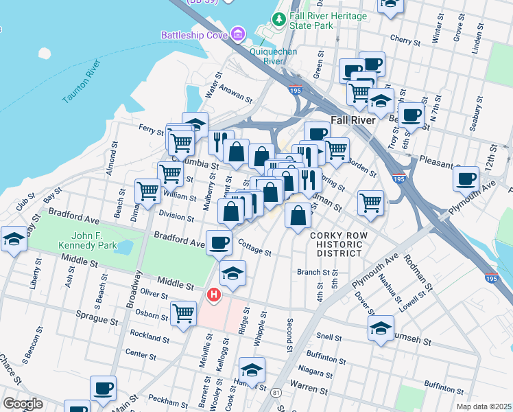 map of restaurants, bars, coffee shops, grocery stores, and more near 337 Washington Street in Fall River