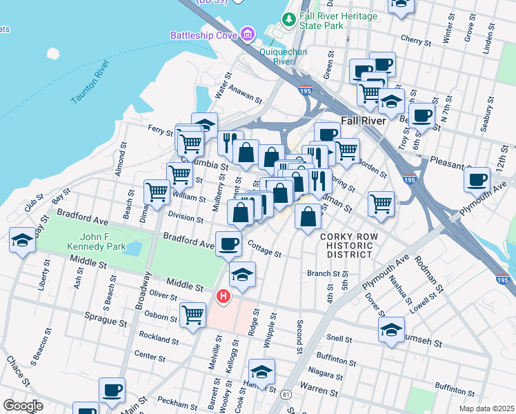 map of restaurants, bars, coffee shops, grocery stores, and more near 337 Washington Street in Fall River