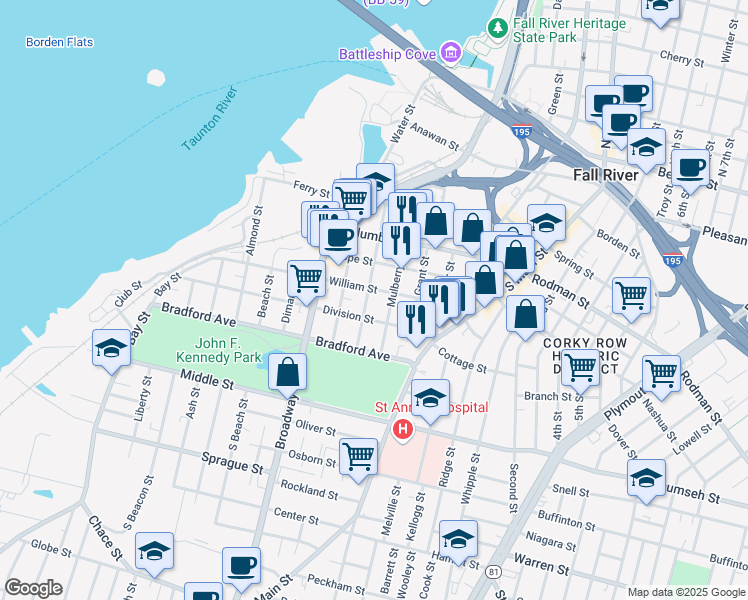map of restaurants, bars, coffee shops, grocery stores, and more near 306 Mulberry Street in Fall River