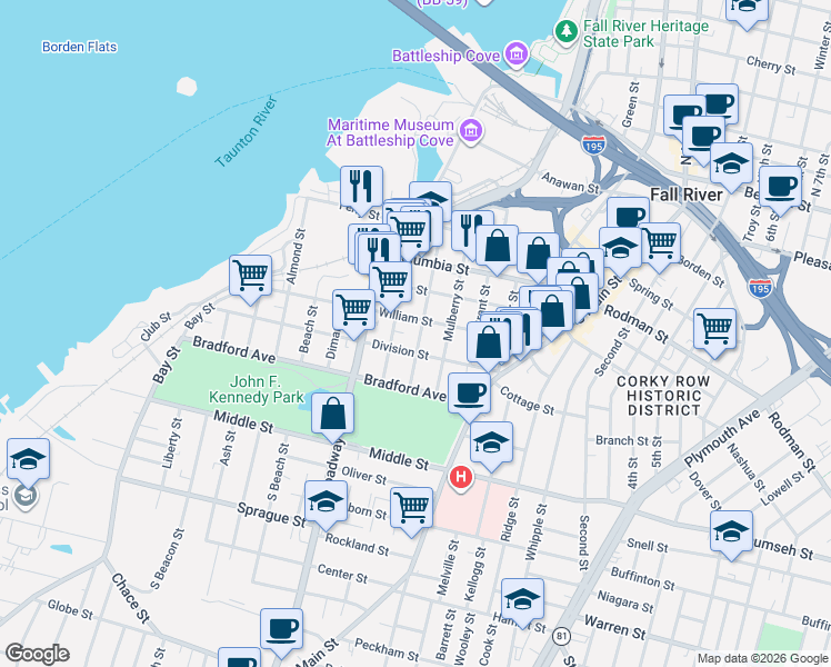 map of restaurants, bars, coffee shops, grocery stores, and more near 424 Division Street in Fall River