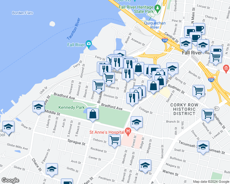 map of restaurants, bars, coffee shops, grocery stores, and more near 424 Division Street in Fall River