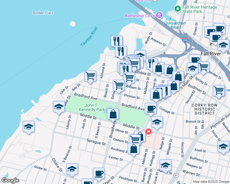 map of restaurants, bars, coffee shops, grocery stores, and more near 189 Diman Street in Fall River