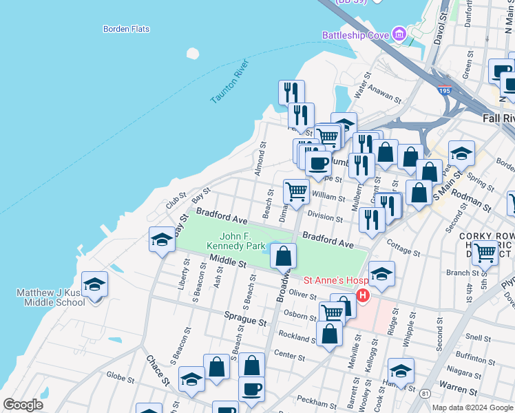 map of restaurants, bars, coffee shops, grocery stores, and more near 209 Beach Street in Fall River