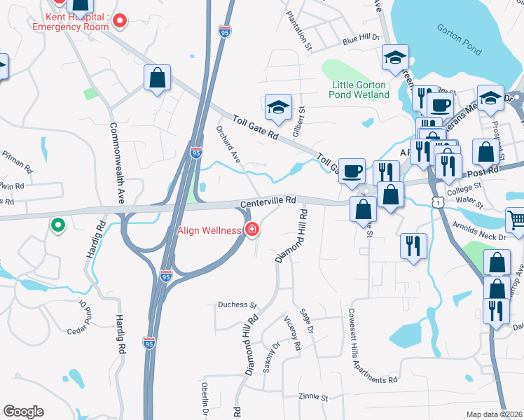 map of restaurants, bars, coffee shops, grocery stores, and more near 250B Centerville Rd in Warwick