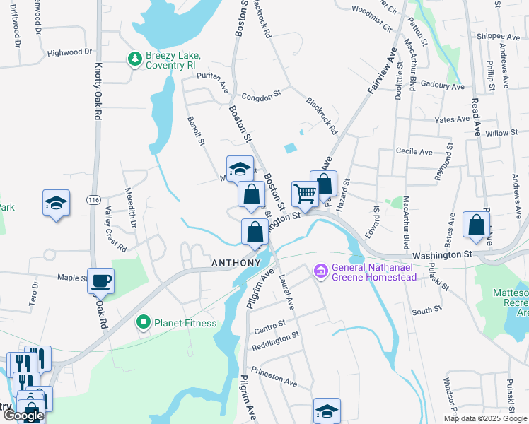 map of restaurants, bars, coffee shops, grocery stores, and more near 627 Washington Street in Coventry