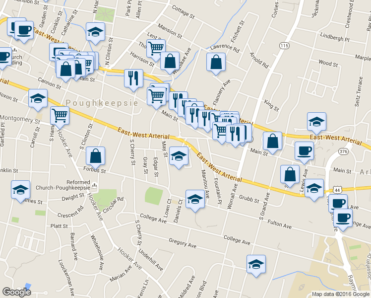 map of restaurants, bars, coffee shops, grocery stores, and more near 12 Quaker Lane in Poughkeepsie