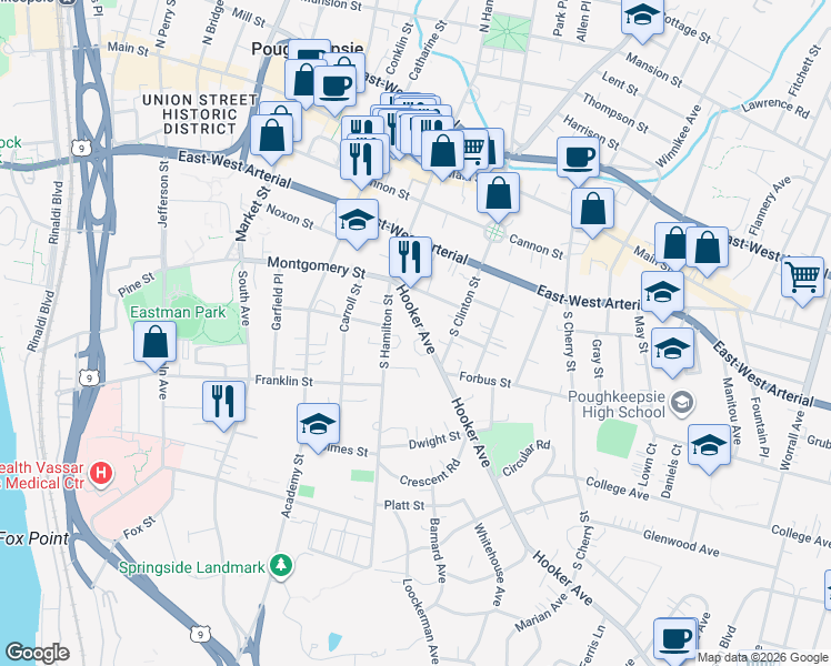 map of restaurants, bars, coffee shops, grocery stores, and more near 33 Hooker Avenue in Poughkeepsie