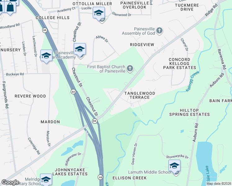 map of restaurants, bars, coffee shops, grocery stores, and more near 10735 Johnnycake Ridge Road in Painesville