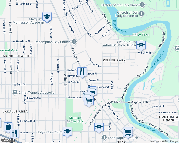 map of restaurants, bars, coffee shops, grocery stores, and more near 1250 Kinyon Street in South Bend