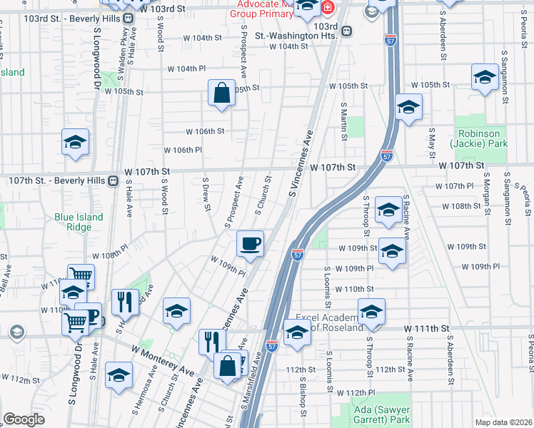 map of restaurants, bars, coffee shops, grocery stores, and more near 10834 South Vincennes Avenue in Chicago