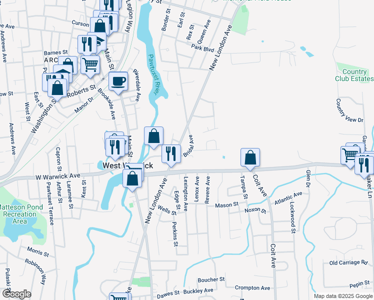 map of restaurants, bars, coffee shops, grocery stores, and more near 26 Emery Court in Warwick