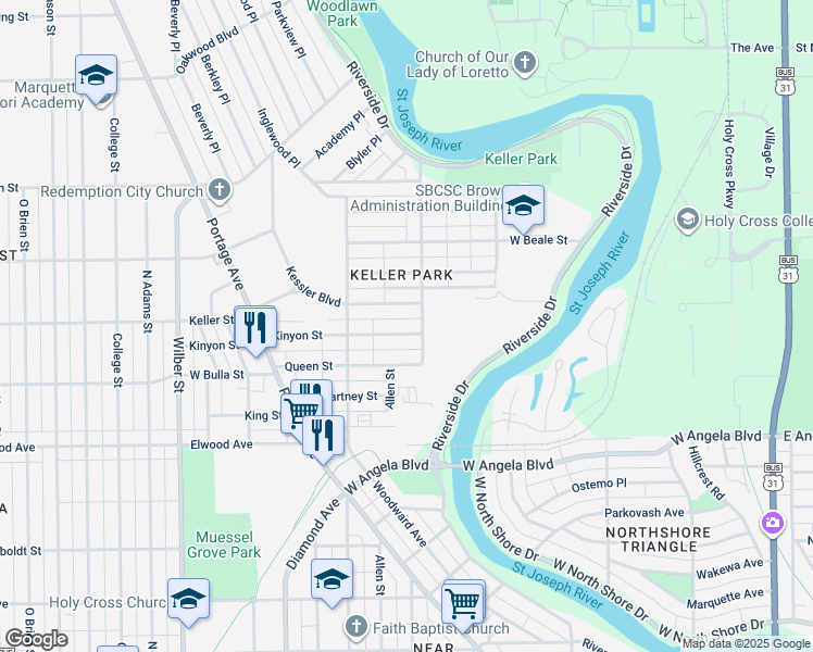 map of restaurants, bars, coffee shops, grocery stores, and more near 1010 Kinyon Street in South Bend