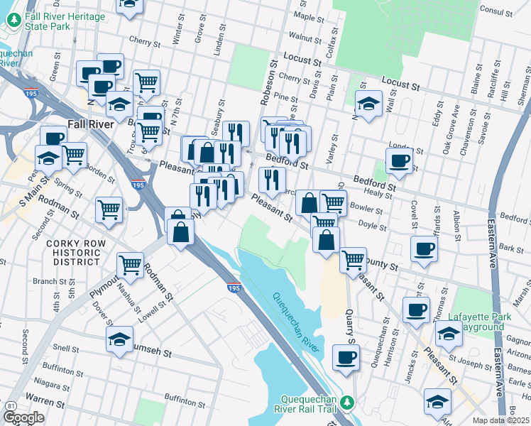map of restaurants, bars, coffee shops, grocery stores, and more near 657 Pleasant Street in Fall River