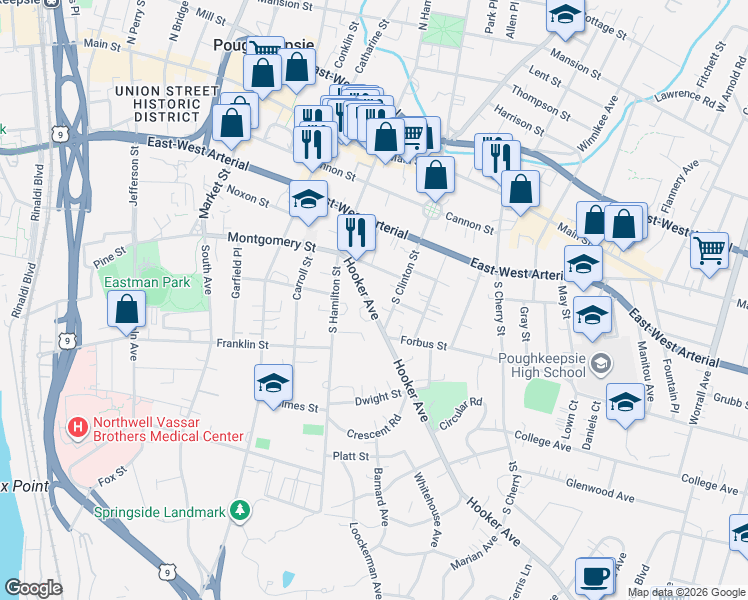 map of restaurants, bars, coffee shops, grocery stores, and more near 32 Hooker Avenue in Poughkeepsie