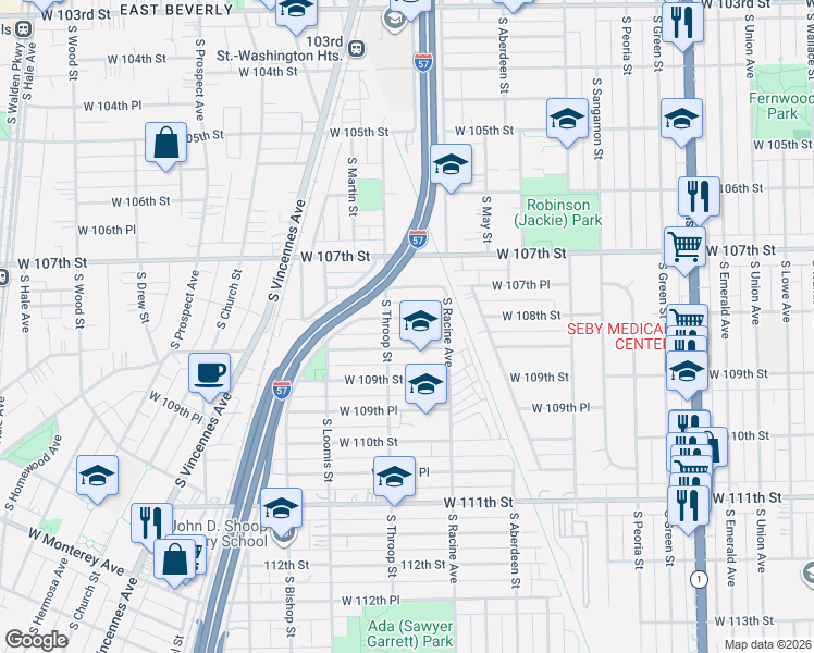 map of restaurants, bars, coffee shops, grocery stores, and more near 1240 West 108th Place in Chicago