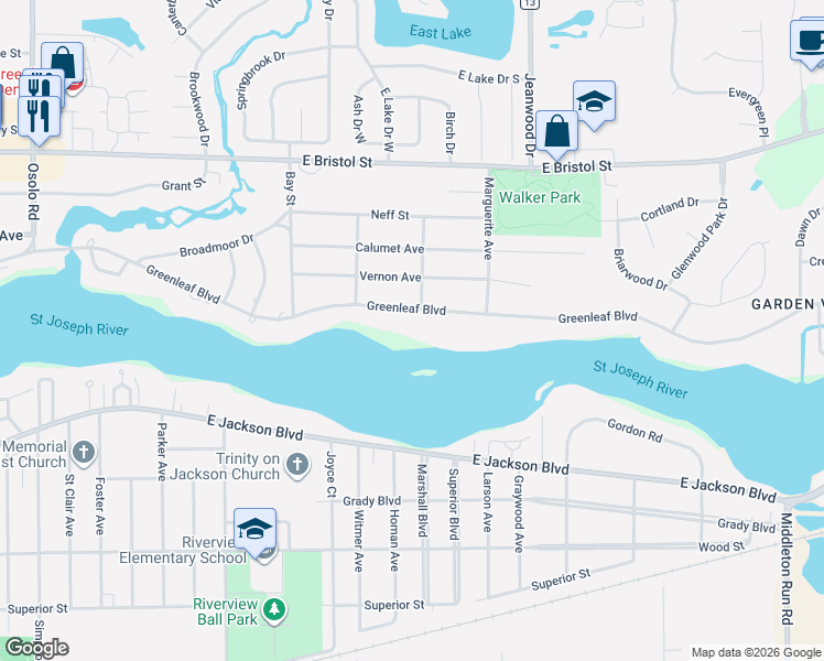 map of restaurants, bars, coffee shops, grocery stores, and more near 3023 Greenleaf Boulevard in Elkhart