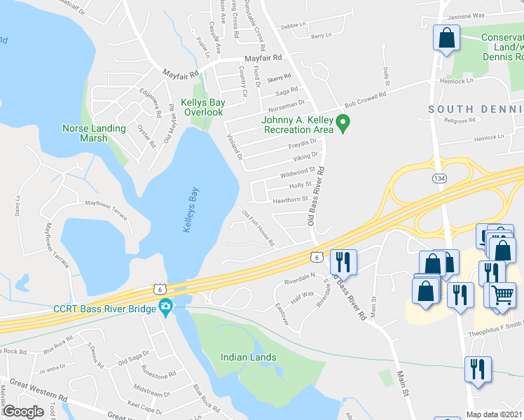 map of restaurants, bars, coffee shops, grocery stores, and more near 40 Old Sailors Way in Dennis