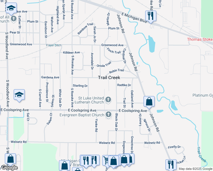 map of restaurants, bars, coffee shops, grocery stores, and more near 101-199 Penny Lane in Trail Creek