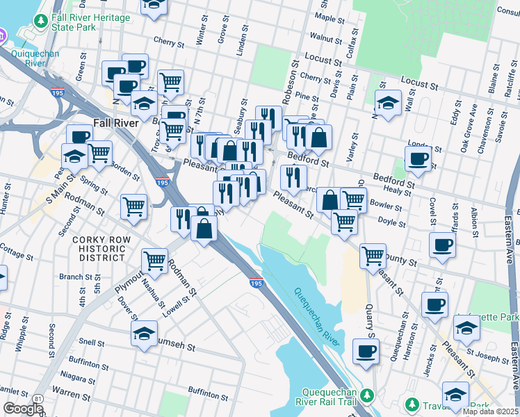 map of restaurants, bars, coffee shops, grocery stores, and more near 92 Wordell Street in Fall River