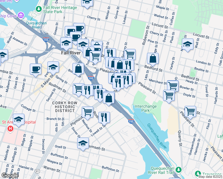 map of restaurants, bars, coffee shops, grocery stores, and more near 359 Pleasant Street in Fall River