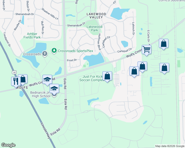 map of restaurants, bars, coffee shops, grocery stores, and more near 2527 Dickens Drive in Aurora