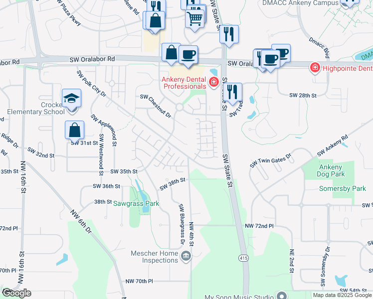 map of restaurants, bars, coffee shops, grocery stores, and more near 3128 Southwest Butternut Court in Ankeny