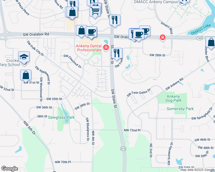 map of restaurants, bars, coffee shops, grocery stores, and more near 3143 Southwest Arlan Lane in Ankeny