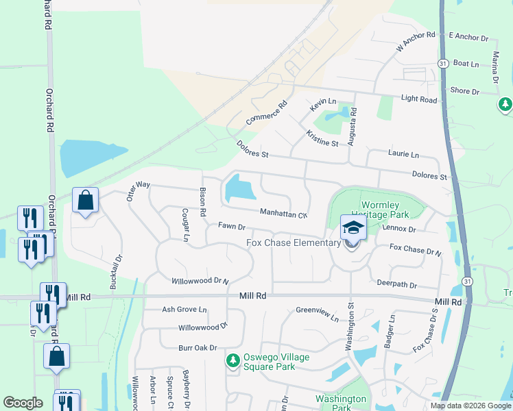 map of restaurants, bars, coffee shops, grocery stores, and more near 691 Manhattan Circle in Oswego