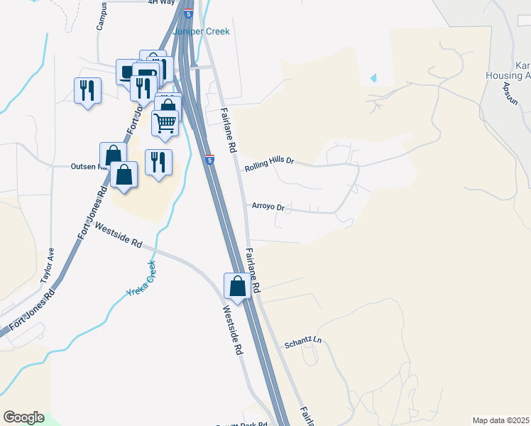 map of restaurants, bars, coffee shops, grocery stores, and more near 2325 Del Court in Yreka