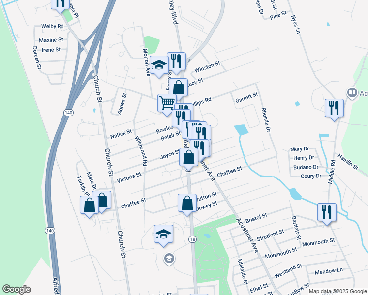 map of restaurants, bars, coffee shops, grocery stores, and more near 1013 Victoria Street in New Bedford