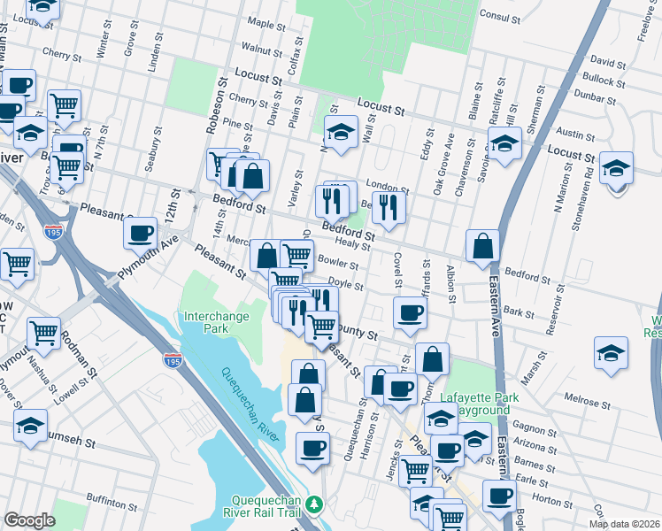 map of restaurants, bars, coffee shops, grocery stores, and more near 32 Doyle Street in Fall River